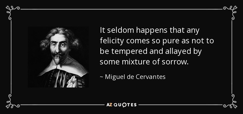 It seldom happens that any felicity comes so pure as not to be tempered and allayed by some mixture of sorrow. - Miguel de Cervantes