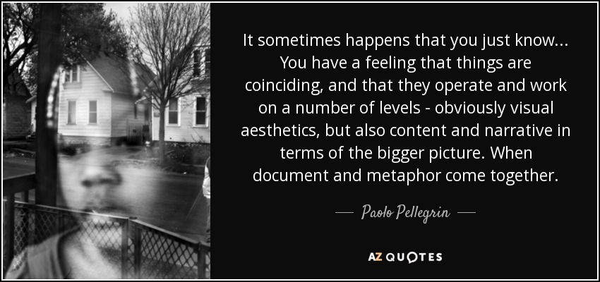 It sometimes happens that you just know... You have a feeling that things are coinciding, and that they operate and work on a number of levels - obviously visual aesthetics, but also content and narrative in terms of the bigger picture. When document and metaphor come together. - Paolo Pellegrin