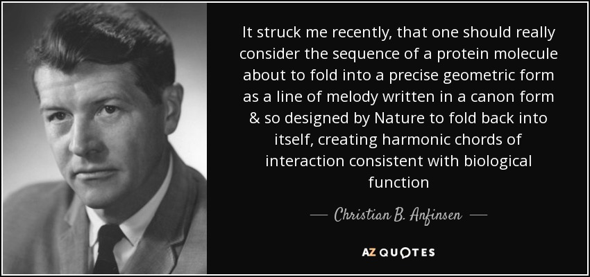 It struck me recently, that one should really consider the sequence of a protein molecule about to fold into a precise geometric form as a line of melody written in a canon form & so designed by Nature to fold back into itself, creating harmonic chords of interaction consistent with biological function - Christian B. Anfinsen