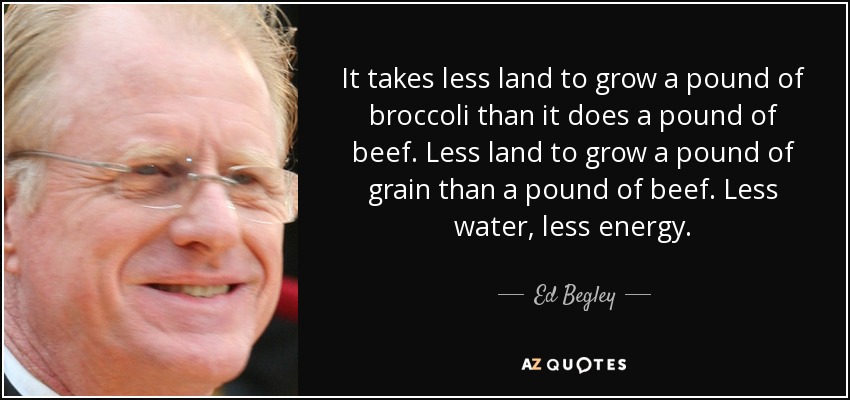 It takes less land to grow a pound of broccoli than it does a pound of beef. Less land to grow a pound of grain than a pound of beef. Less water, less energy. - Ed Begley, Jr.