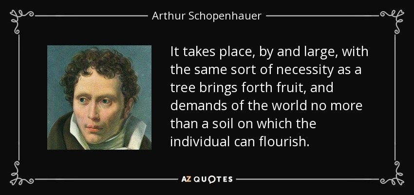 It takes place, by and large, with the same sort of necessity as a tree brings forth fruit, and demands of the world no more than a soil on which the individual can flourish. - Arthur Schopenhauer