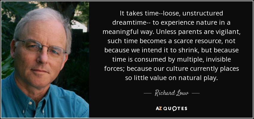It takes time--loose, unstructured dreamtime-- to experience nature in a meaningful way. Unless parents are vigilant, such time becomes a scarce resource, not because we intend it to shrink, but because time is consumed by multiple, invisible forces; because our culture currently places so little value on natural play. - Richard Louv