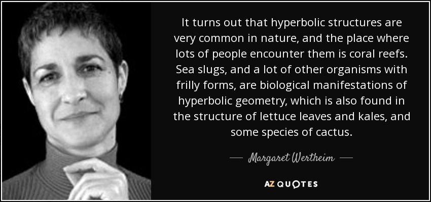 It turns out that hyperbolic structures are very common in nature, and the place where lots of people encounter them is coral reefs. Sea slugs, and a lot of other organisms with frilly forms, are biological manifestations of hyperbolic geometry, which is also found in the structure of lettuce leaves and kales, and some species of cactus. - Margaret Wertheim