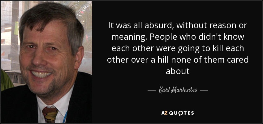 It was all absurd, without reason or meaning. People who didn't know each other were going to kill each other over a hill none of them cared about - Karl Marlantes
