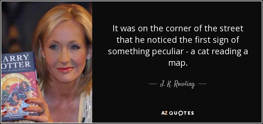 It was on the corner of the street that he noticed the first sign of something peculiar - a cat reading a map. - J. K. Rowling