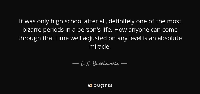 It was only high school after all, definitely one of the most bizarre periods in a person's life. How anyone can come through that time well adjusted on any level is an absolute miracle. - E. A. Bucchianeri