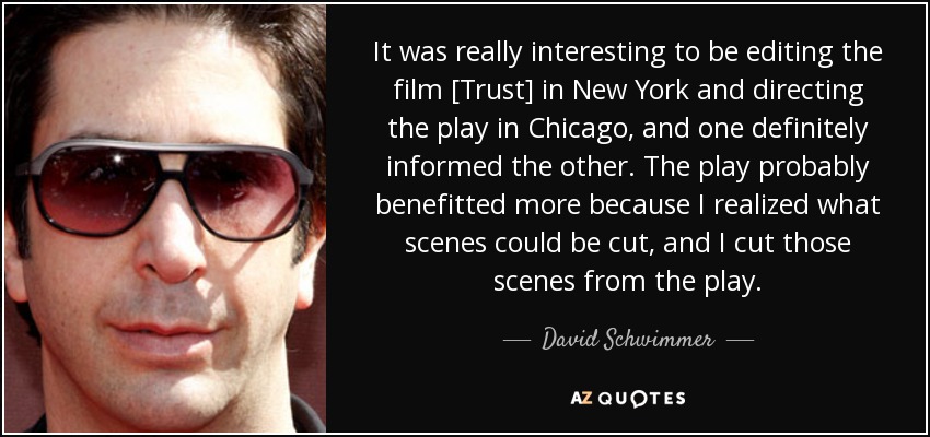 It was really interesting to be editing the film [Trust] in New York and directing the play in Chicago, and one definitely informed the other. The play probably benefitted more because I realized what scenes could be cut, and I cut those scenes from the play. - David Schwimmer