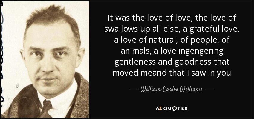 It was the love of love, the love of swallows up all else, a grateful love, a love of natural, of people, of animals, a love ingengering gentleness and goodness that moved meand that I saw in you - William Carlos Williams