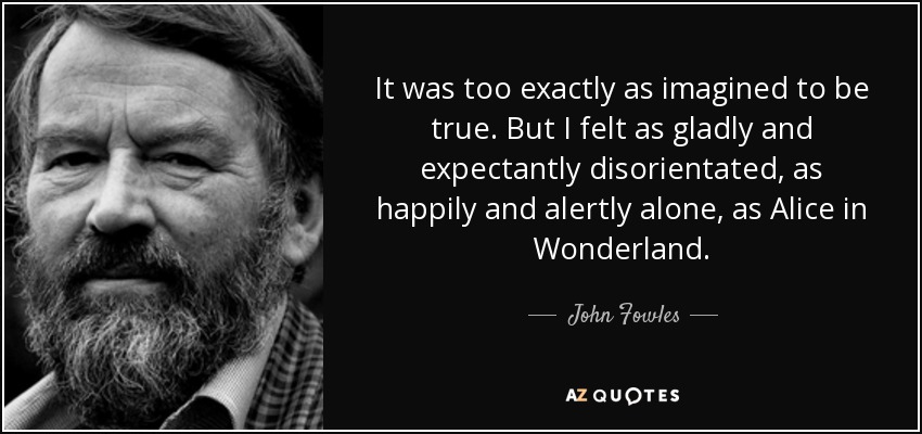 It was too exactly as imagined to be true. But I felt as gladly and expectantly disorientated, as happily and alertly alone, as Alice in Wonderland. - John Fowles