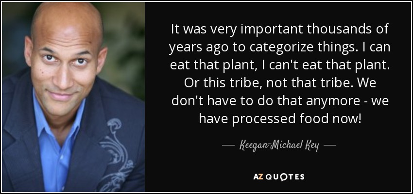 It was very important thousands of years ago to categorize things. I can eat that plant, I can't eat that plant. Or this tribe, not that tribe. We don't have to do that anymore - we have processed food now! - Keegan-Michael Key