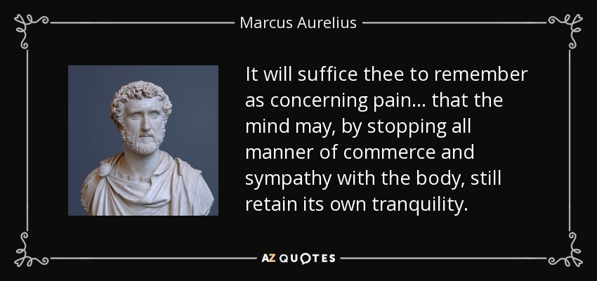 It will suffice thee to remember as concerning pain ... that the mind may, by stopping all manner of commerce and sympathy with the body, still retain its own tranquility. - Marcus Aurelius