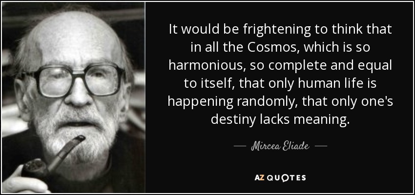 It would be frightening to think that in all the Cosmos, which is so harmonious, so complete and equal to itself, that only human life is happening randomly, that only one's destiny lacks meaning. - Mircea Eliade
