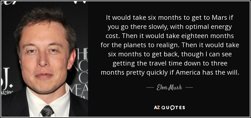 It would take six months to get to Mars if you go there slowly, with optimal energy cost. Then it would take eighteen months for the planets to realign. Then it would take six months to get back, though I can see getting the travel time down to three months pretty quickly if America has the will. - Elon Musk