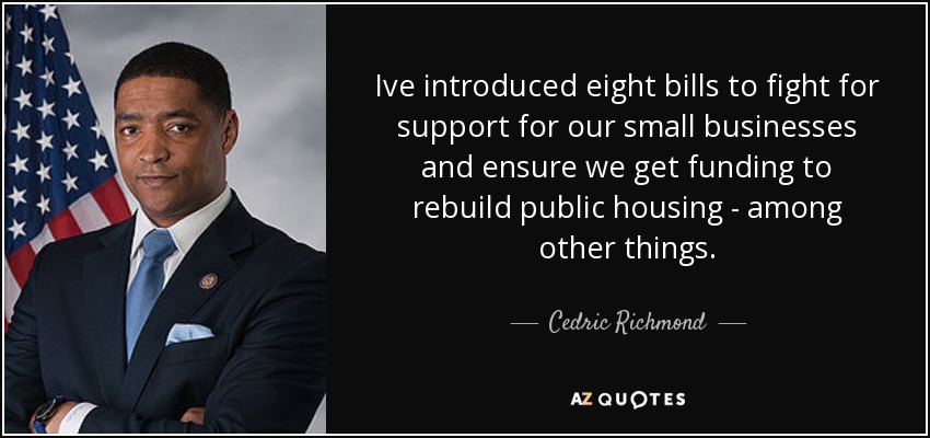 Ive introduced eight bills to fight for support for our small businesses and ensure we get funding to rebuild public housing - among other things. - Cedric Richmond