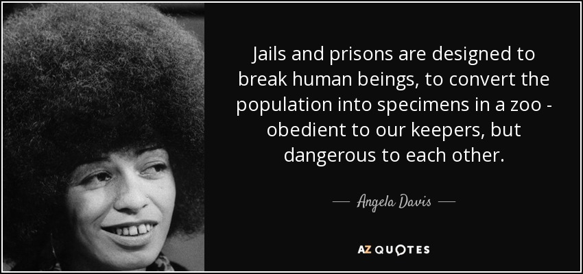 Jails and prisons are designed to break human beings, to convert the population into specimens in a zoo - obedient to our keepers, but dangerous to each other. - Angela Davis