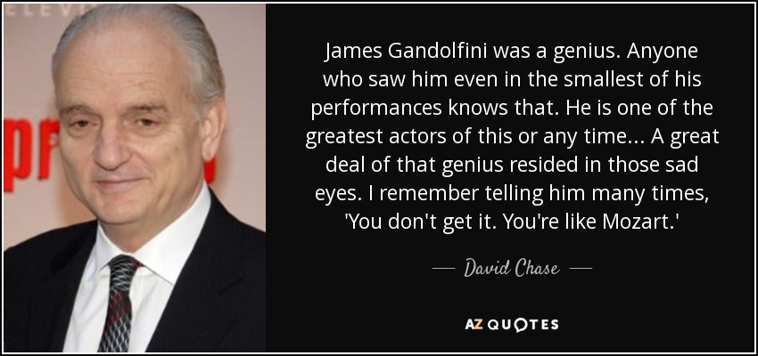 James Gandolfini was a genius. Anyone who saw him even in the smallest of his performances knows that. He is one of the greatest actors of this or any time... A great deal of that genius resided in those sad eyes. I remember telling him many times, 'You don't get it. You're like Mozart.' - David Chase