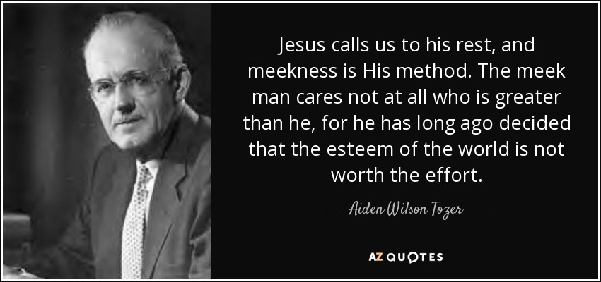 Jesus calls us to his rest, and meekness is His method. The meek man cares not at all who is greater than he, for he has long ago decided that the esteem of the world is not worth the effort. - Aiden Wilson Tozer