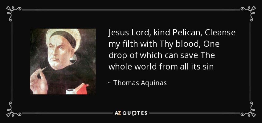 Jesus Lord, kind Pelican, Cleanse my filth with Thy blood, One drop of which can save The whole world from all its sin - Thomas Aquinas