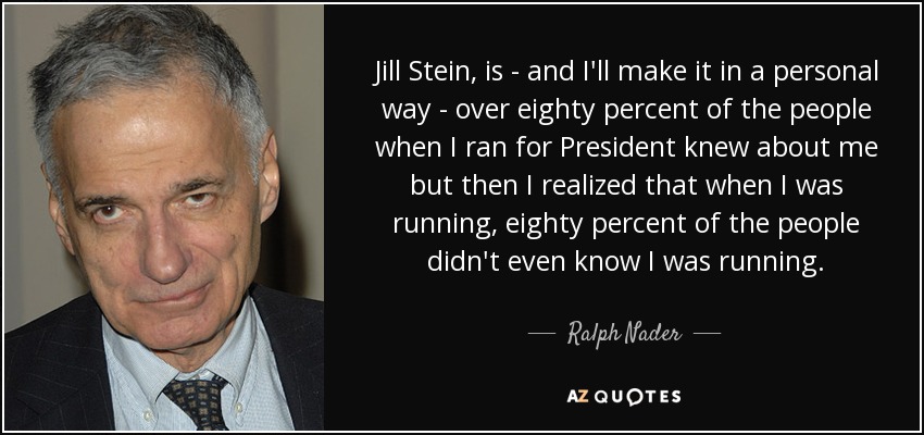 Jill Stein, is - and I'll make it in a personal way - over eighty percent of the people when I ran for President knew about me but then I realized that when I was running, eighty percent of the people didn't even know I was running. - Ralph Nader