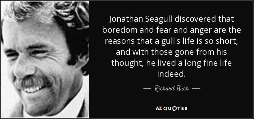 Jonathan Seagull discovered that boredom and fear and anger are the reasons that a gull's life is so short, and with those gone from his thought, he lived a long fine life indeed. - Richard Bach