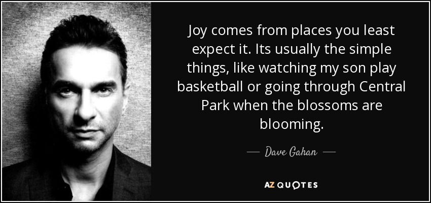 Joy comes from places you least expect it. Its usually the simple things, like watching my son play basketball or going through Central Park when the blossoms are blooming. - Dave Gahan