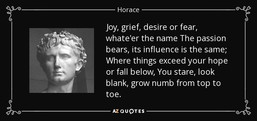 Joy, grief, desire or fear, whate'er the name The passion bears, its influence is the same; Where things exceed your hope or fall below, You stare, look blank, grow numb from top to toe. - Horace