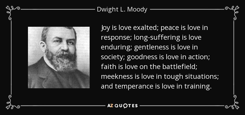 Joy is love exalted; peace is love in response; long-suffering is love enduring; gentleness is love in society; goodness is love in action; faith is love on the battlefield; meekness is love in tough situations; and temperance is love in training. - Dwight L. Moody