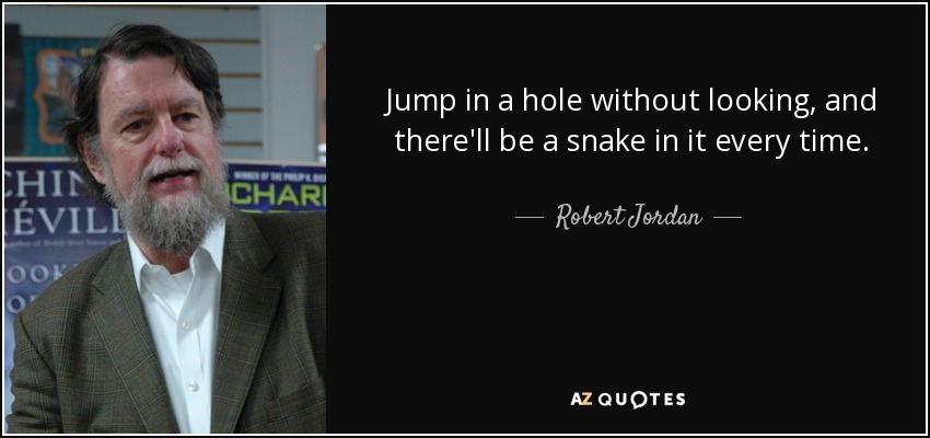 Jump in a hole without looking, and there'll be a snake in it every time. - Robert Jordan