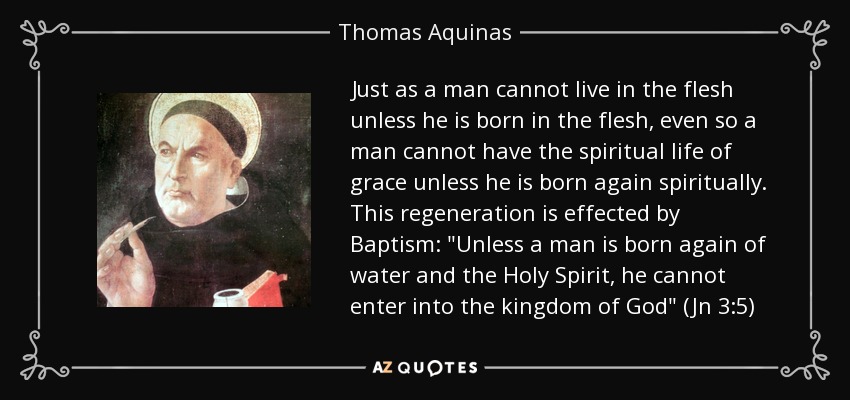 Just as a man cannot live in the flesh unless he is born in the flesh, even so a man cannot have the spiritual life of grace unless he is born again spiritually. This regeneration is effected by Baptism: 