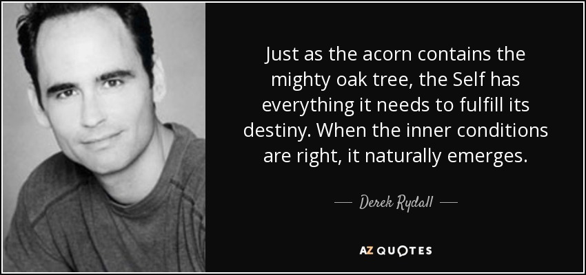 Just as the acorn contains the mighty oak tree, the Self has everything it needs to fulfill its destiny. When the inner conditions are right, it naturally emerges. - Derek Rydall