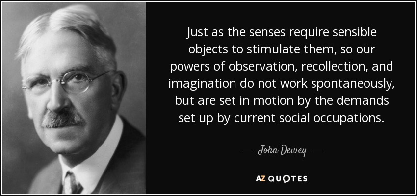 Just as the senses require sensible objects to stimulate them, so our powers of observation, recollection, and imagination do not work spontaneously, but are set in motion by the demands set up by current social occupations. - John Dewey