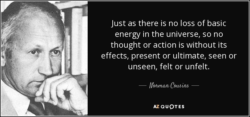 Just as there is no loss of basic energy in the universe, so no thought or action is without its effects, present or ultimate, seen or unseen, felt or unfelt. - Norman Cousins