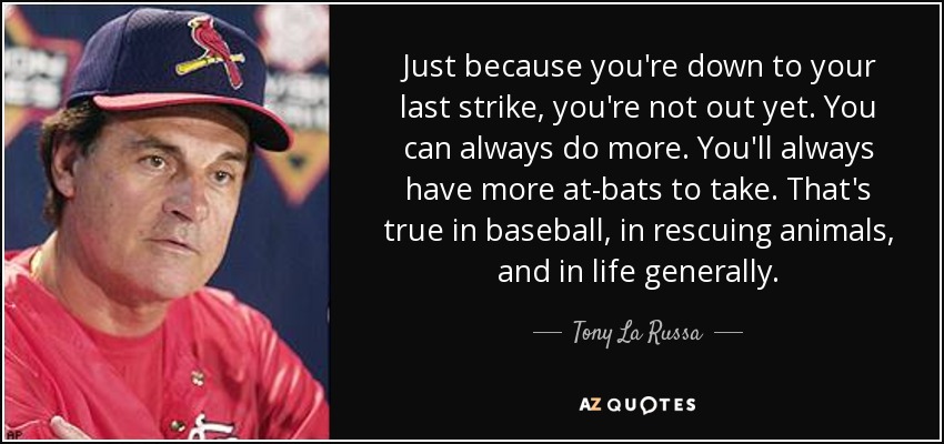 Just because you're down to your last strike, you're not out yet. You can always do more. You'll always have more at-bats to take. That's true in baseball, in rescuing animals, and in life generally. - Tony La Russa