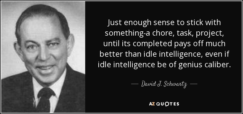 Just enough sense to stick with something-a chore, task, project, until its completed pays off much better than idle intelligence, even if idle intelligence be of genius caliber. - David J. Schwartz