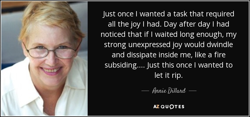 Just once I wanted a task that required all the joy I had. Day after day I had noticed that if I waited long enough, my strong unexpressed joy would dwindle and dissipate inside me, like a fire subsiding . . . . Just this once I wanted to let it rip. - Annie Dillard