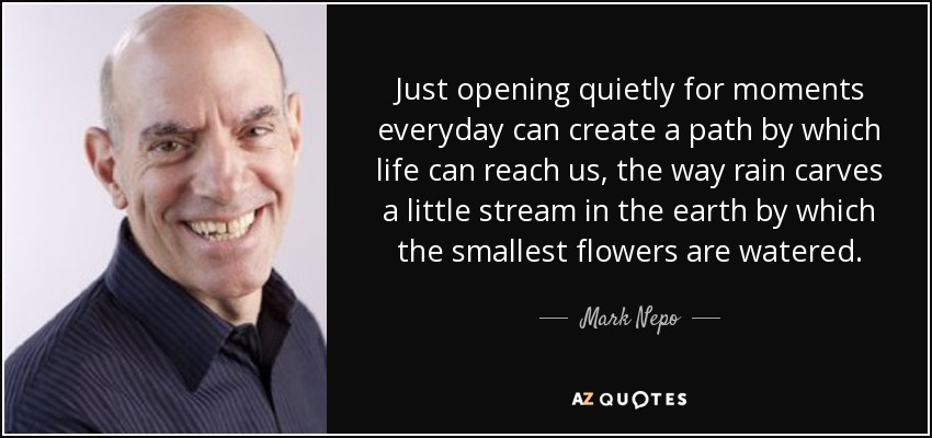 Just opening quietly for moments everyday can create a path by which life can reach us, the way rain carves a little stream in the earth by which the smallest flowers are watered. - Mark Nepo