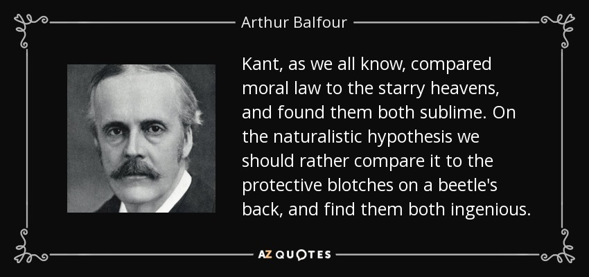 Kant, as we all know, compared moral law to the starry heavens, and found them both sublime. On the naturalistic hypothesis we should rather compare it to the protective blotches on a beetle's back, and find them both ingenious. - Arthur Balfour