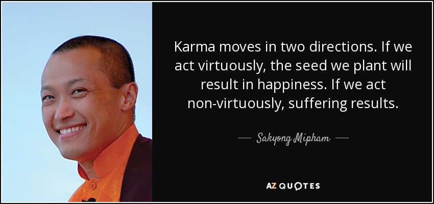 Karma moves in two directions. If we act virtuously, the seed we plant will result in happiness. If we act non-virtuously, suffering results. - Sakyong Mipham