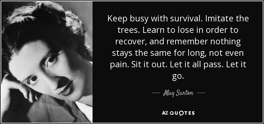 Keep busy with survival. Imitate the trees. Learn to lose in order to recover, and remember nothing stays the same for long, not even pain. Sit it out. Let it all pass. Let it go. - May Sarton
