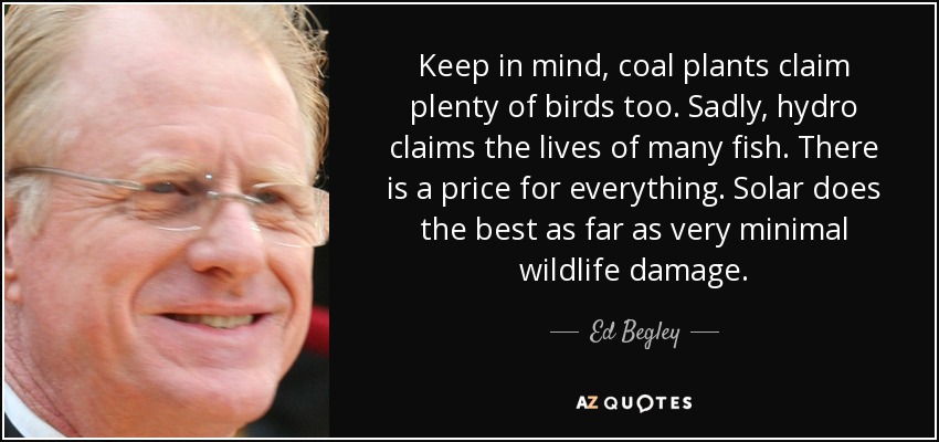 Keep in mind, coal plants claim plenty of birds too. Sadly, hydro claims the lives of many fish. There is a price for everything. Solar does the best as far as very minimal wildlife damage. - Ed Begley, Jr.
