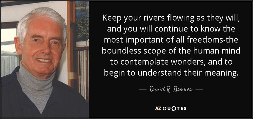 Keep your rivers flowing as they will, and you will continue to know the most important of all freedoms-the boundless scope of the human mind to contemplate wonders, and to begin to understand their meaning. - David R. Brower