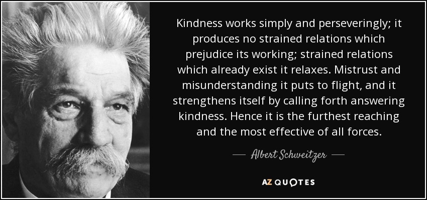 Kindness works simply and perseveringly; it produces no strained relations which prejudice its working; strained relations which already exist it relaxes. Mistrust and misunderstanding it puts to flight, and it strengthens itself by calling forth answering kindness. Hence it is the furthest reaching and the most effective of all forces. - Albert Schweitzer