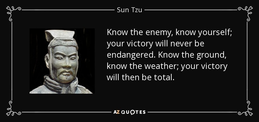 Know the enemy, know yourself; your victory will never be endangered. Know the ground, know the weather; your victory will then be total. - Sun Tzu