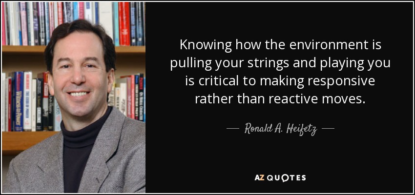 Knowing how the environment is pulling your strings and playing you is critical to making responsive rather than reactive moves. - Ronald A. Heifetz