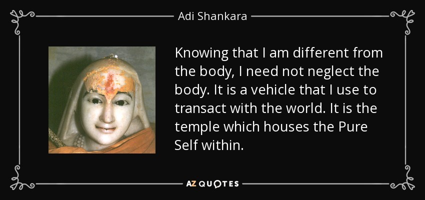 Knowing that I am different from the body, I need not neglect the body. It is a vehicle that I use to transact with the world. It is the temple which houses the Pure Self within. - Adi Shankara
