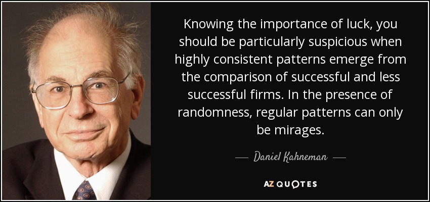 Knowing the importance of luck, you should be particularly suspicious when highly consistent patterns emerge from the comparison of successful and less successful firms. In the presence of randomness, regular patterns can only be mirages. - Daniel Kahneman