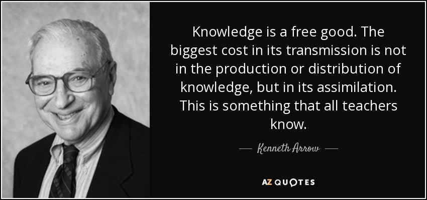 Knowledge is a free good. The biggest cost in its transmission is not in the production or distribution of knowledge, but in its assimilation. This is something that all teachers know. - Kenneth Arrow