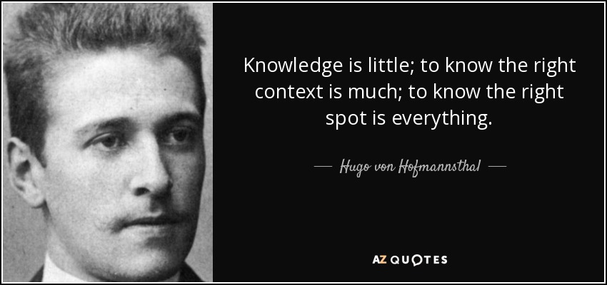 Knowledge is little; to know the right context is much; to know the right spot is everything. - Hugo von Hofmannsthal