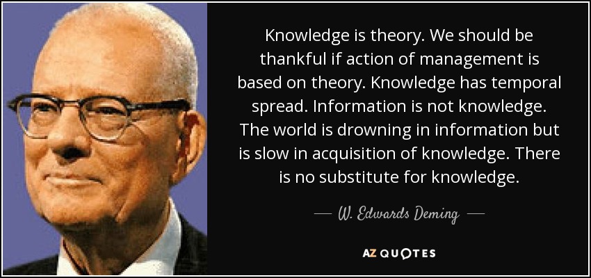 Knowledge is theory. We should be thankful if action of management is based on theory. Knowledge has temporal spread. Information is not knowledge. The world is drowning in information but is slow in acquisition of knowledge. There is no substitute for knowledge. - W. Edwards Deming