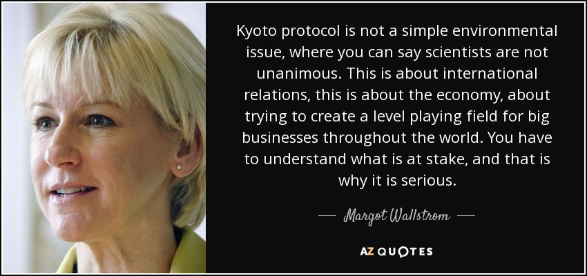 Kyoto protocol is not a simple environmental issue, where you can say scientists are not unanimous. This is about international relations, this is about the economy, about trying to create a level playing field for big businesses throughout the world. You have to understand what is at stake, and that is why it is serious. - Margot Wallstrom